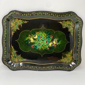 Vintage Russian Hand-Painted Metal Tole Ware Floral Large Tray Artist Signed